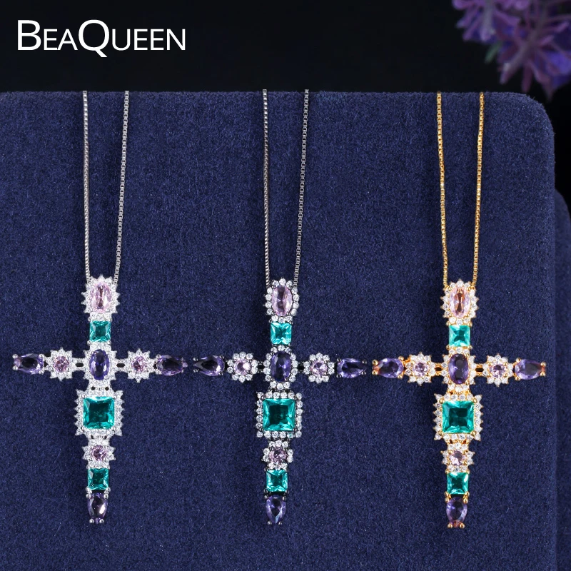 BeaQueen зеленый фиолетовый розовый цвет яркая подвеска с большим крестом черный золотой серебряный цвет цепи ожерелья кубический циркон Кристалл ювелирные изделия N003