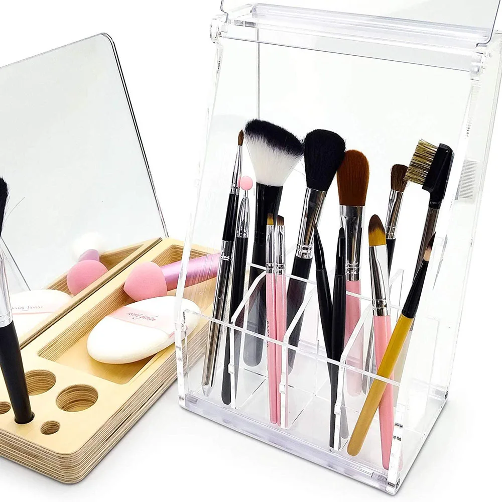 

Clear Acrylic Large Capacity Makeup Organizer With 8 Brush Holder Compartments And Dustproof Lid,Cosmetic Brush Storage Box