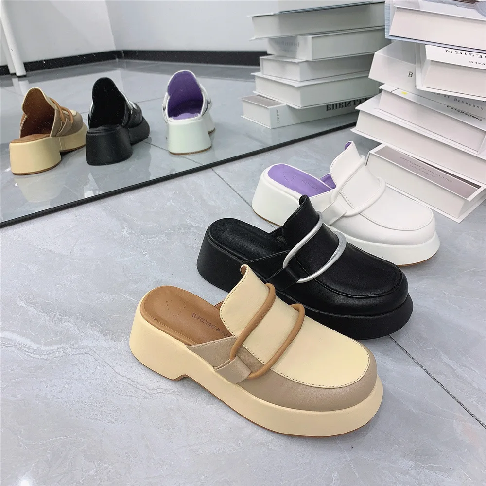 

High Heels Slippers Women Design Slope Heel Platform Shoe Pumps Baotou Slippers with Thick-soled Increased Lazy Half Slippers