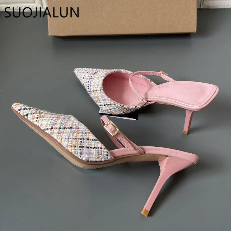SUOJIALUN Fashion Brand Women Slipper Thin High Heel Ladies Sandal Shoes Pointed Toe Shallow Slip On Mules Outdoor Slides Mujer