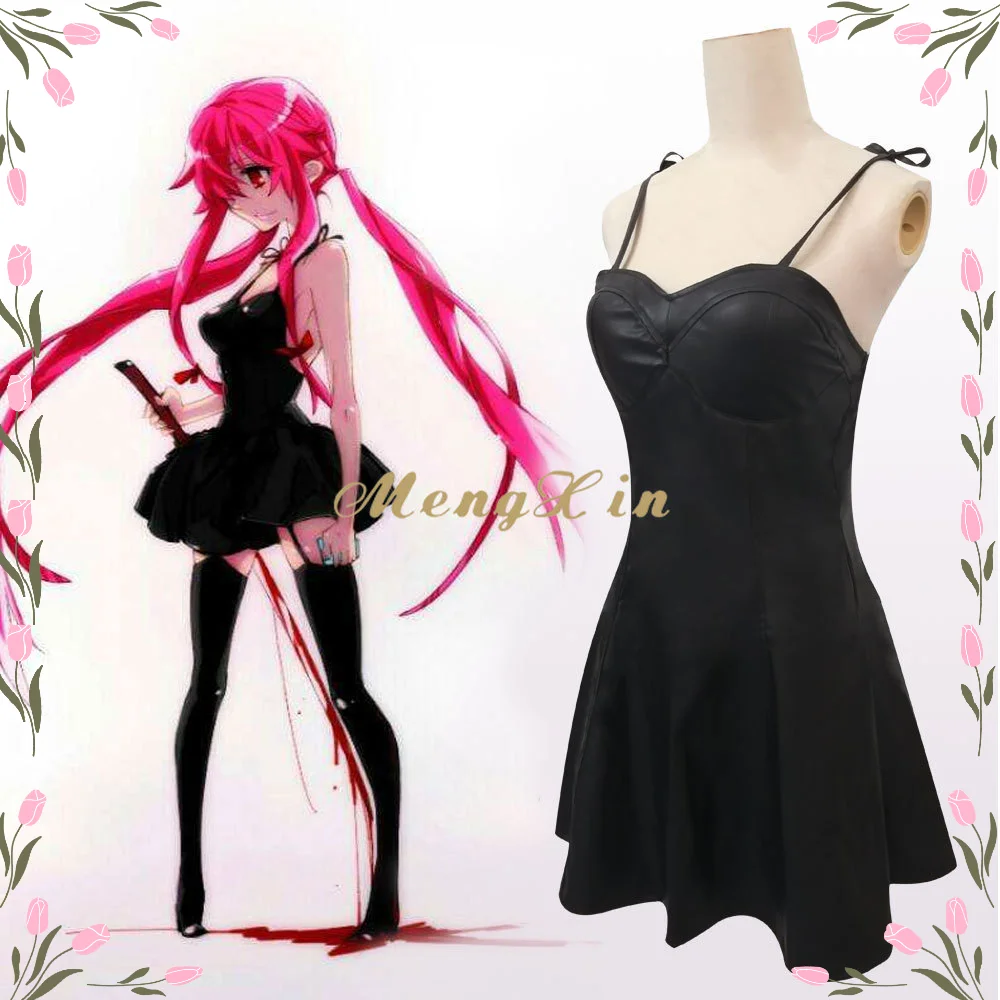 Anime The Future Diary Gasai Yuno Black PU Leather Fancy Dress Cosplay Costume Mirai Nikki Braces Skirt Performance Clothes