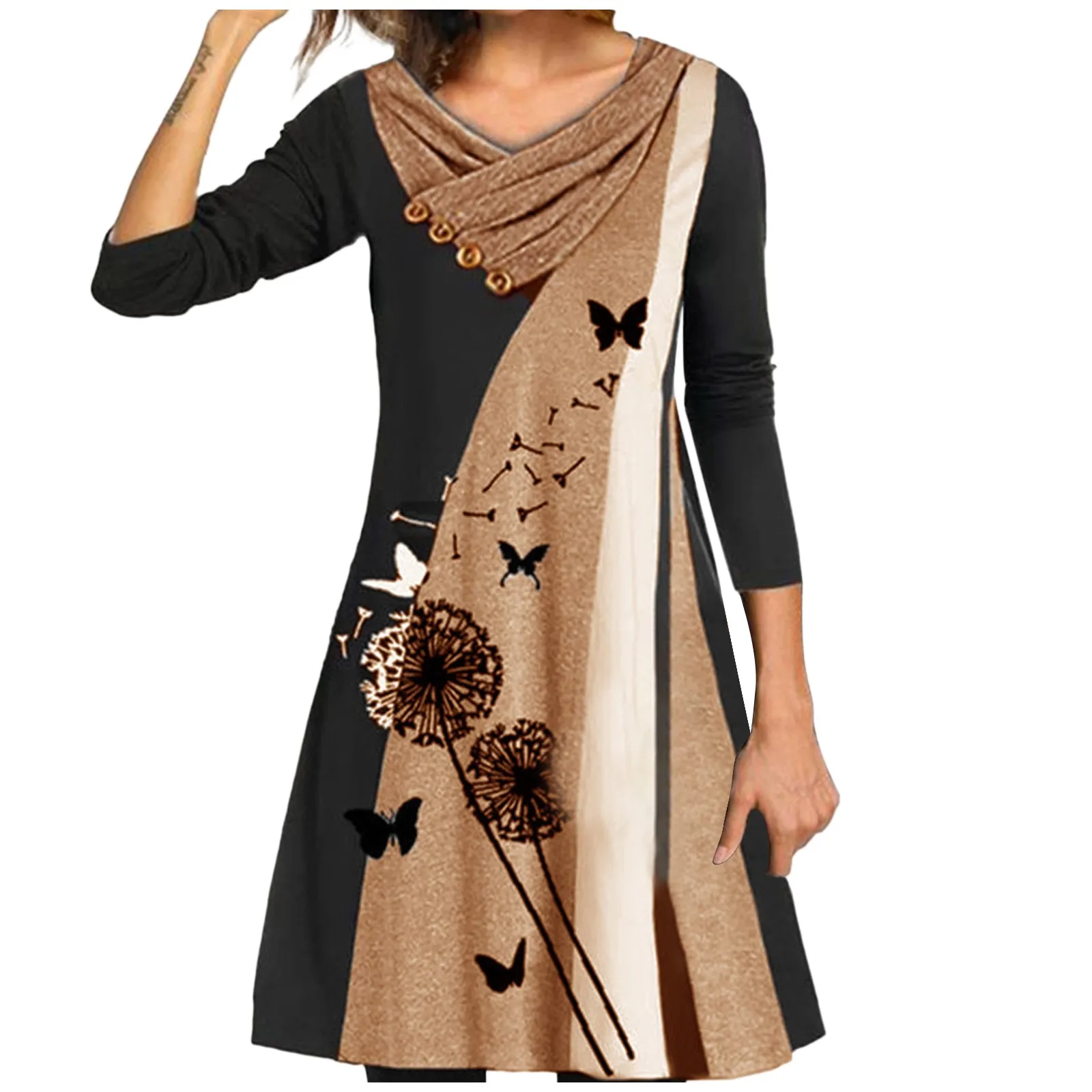 

Women's Loose Print Stitching Button Double-layer Collar Long-sleeved Dress Comfortable And Soft Material Vestido 2021