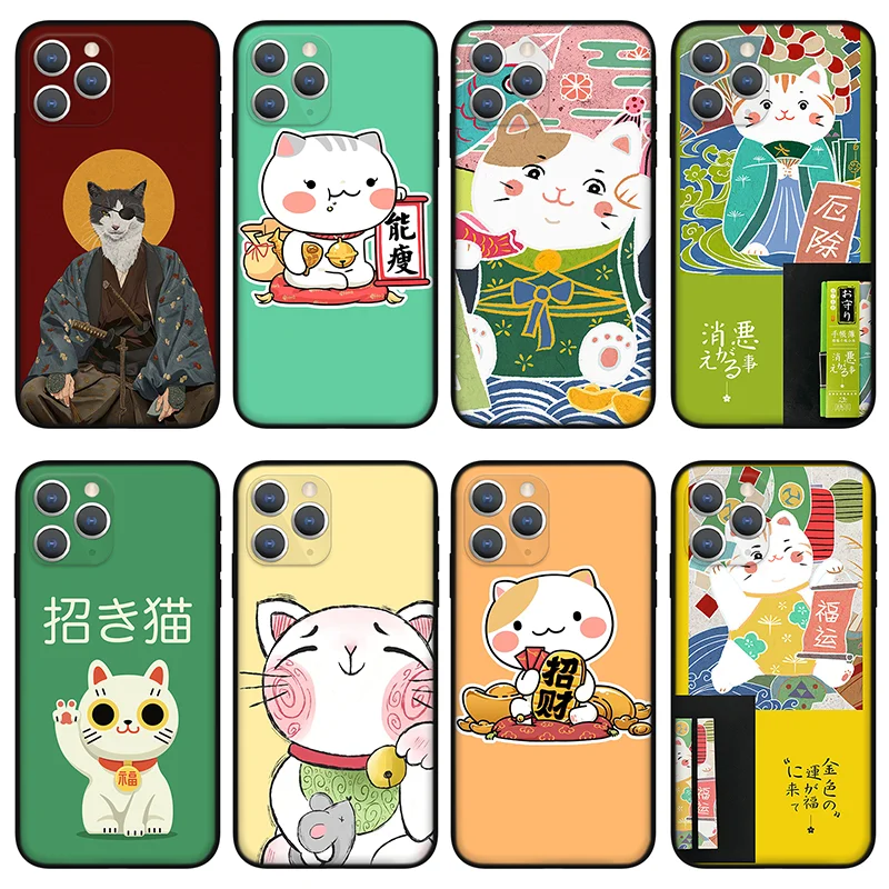 

Чехол для телефона с японским котом для iPhone 11 12 Pro Max X XS XR Xs Max Mini 6 6s 7 8 Plus se, Черный силиконовый чехол