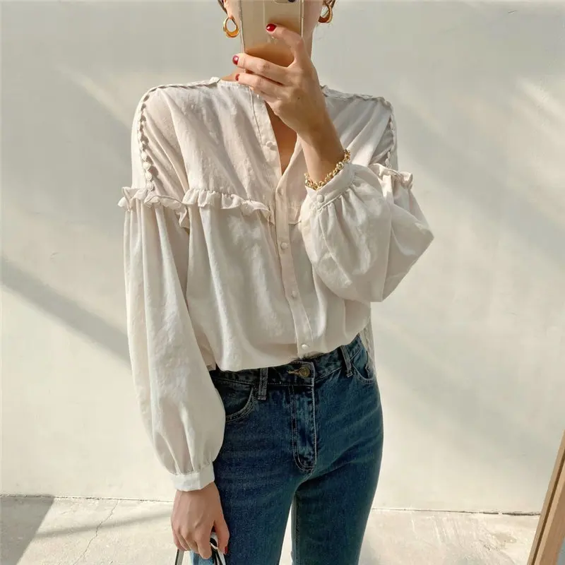 

2021 Sweet Gentle Pleated Women New Arrival Full Sleeved Korean All Match Girls Loose Solid Ruffles Stylish Shirts