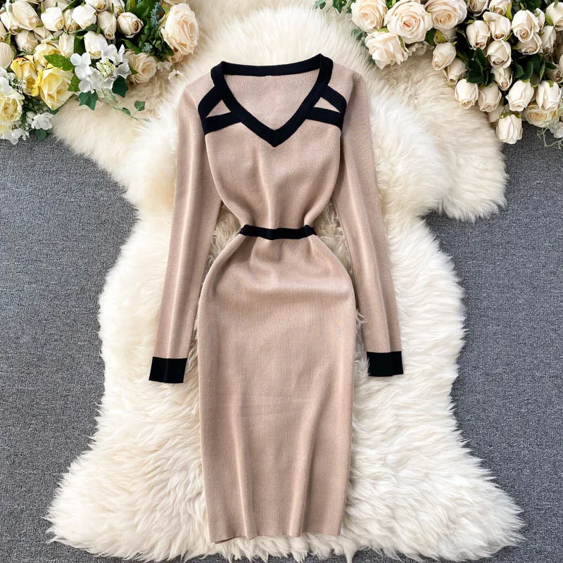 

Women's Autumn Winter Dress American Style Color Matching V-neck Elastic Waist Dress New Slimming Base Knitted Dresses GX543