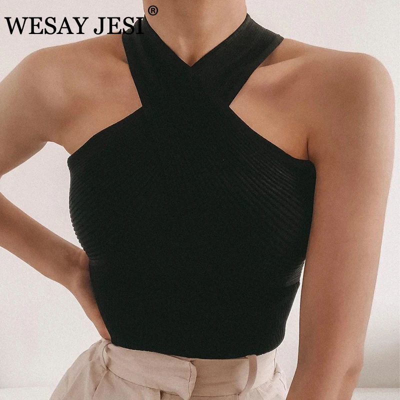 

WESAY JESI Women's Tube Top Slim Fit Casual Fashion Sexy Vest Cross Straps Knitted Off-Shoulder Top Sleeveless Camis Chic Tops