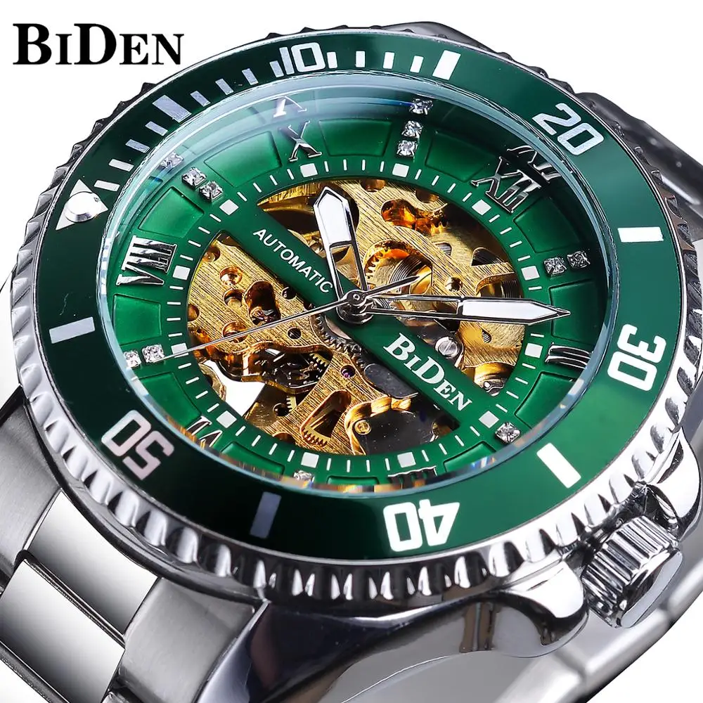 

BIDEN Diamond Design Skeleton Dial Men Watches Automatic Green Watch Men Stainless Steel Waterproof Luminous Mechanical Watch