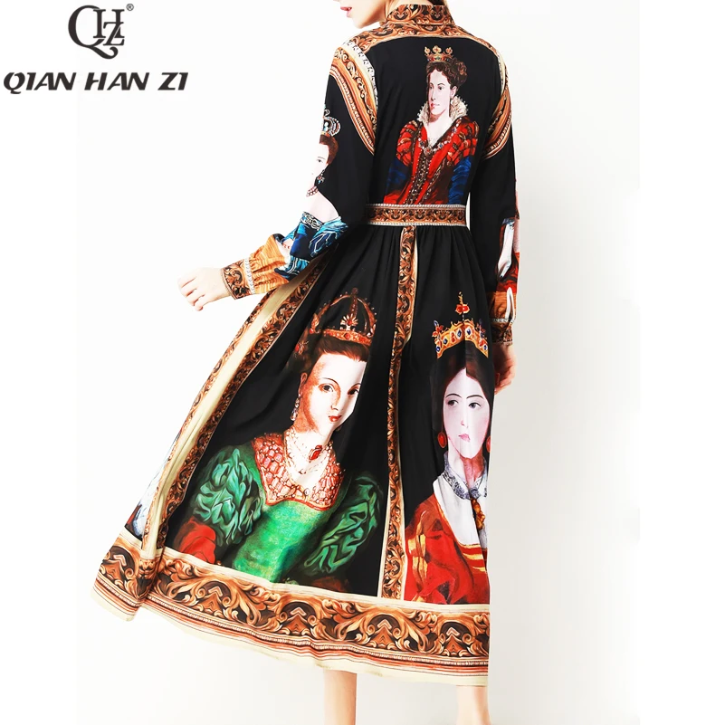 

Qian Han Zi 2020 spring summer designer fashion runway Maxi dress women long sleeves Pattern printing vintage party long dress