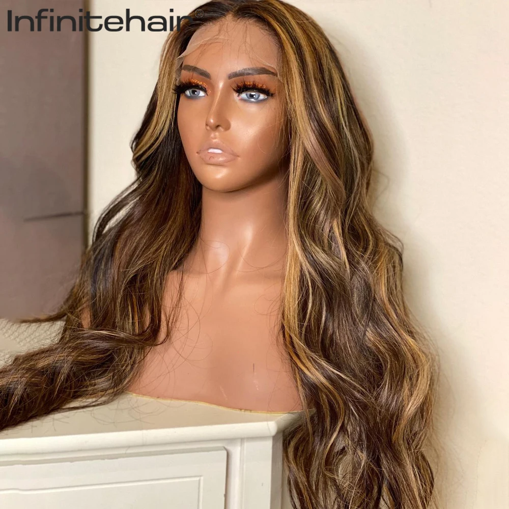 Highlight Honey Blonde Colored 13*1 T Part Body Wave Lace Front 4/27 Ombre Brown Human Hair Wigs for Women Brazilian Baby Hair