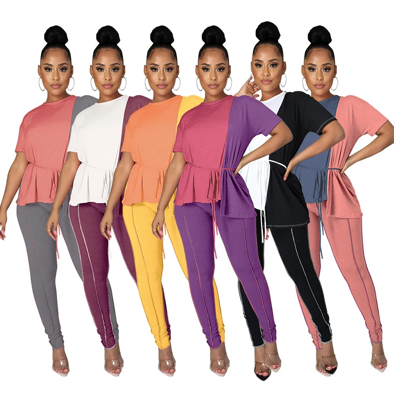 

Patchwork Contrast Color 2 Piece Matching Set Women 2021 Summer Short Sleeve Loose Top T Shirt Long Leggings Sportsuit Outfits
