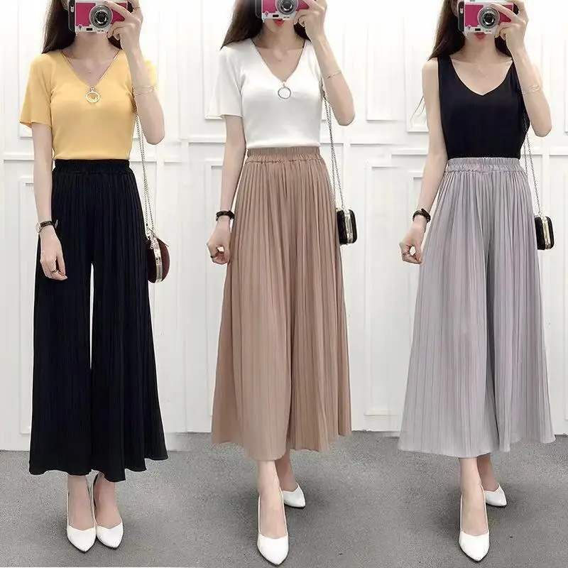 

Palazzo Pants Pleated wide leg pants female summer 2021 New Korean version Calf Length Pants high waist loose Casual Trousers