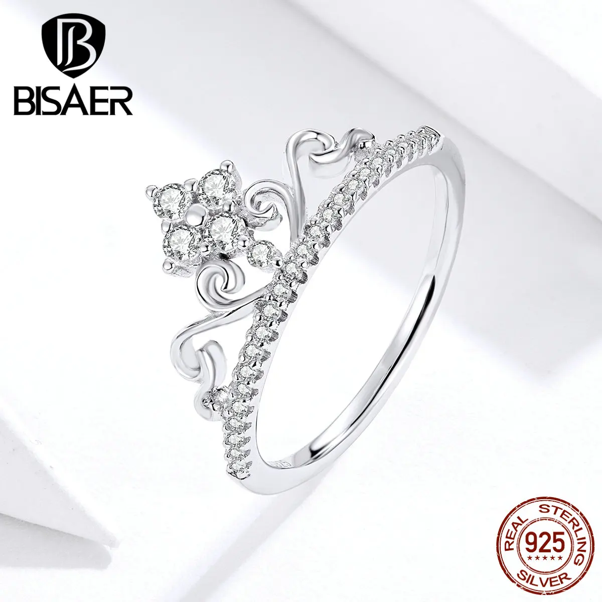 Кольца принцессы BISAER, 925 пробы, серебро, кубический циркон, принцесса, королева, корона, кольца на палец для женщин, свадебные ювелирные изделия ECR597