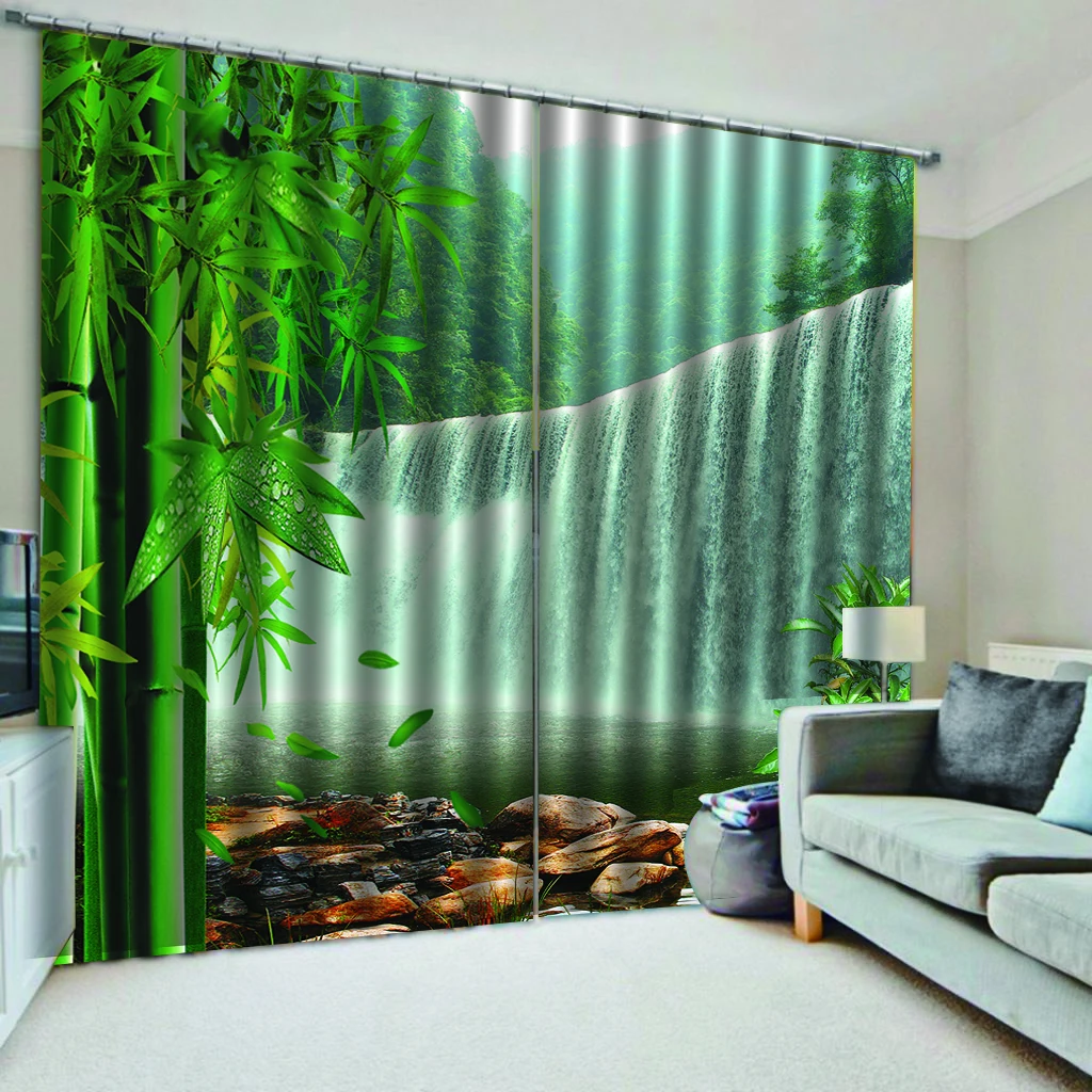 Зеленые занавески из бамбука Водопад s затемняющие Роскошные 3D для окон комплект