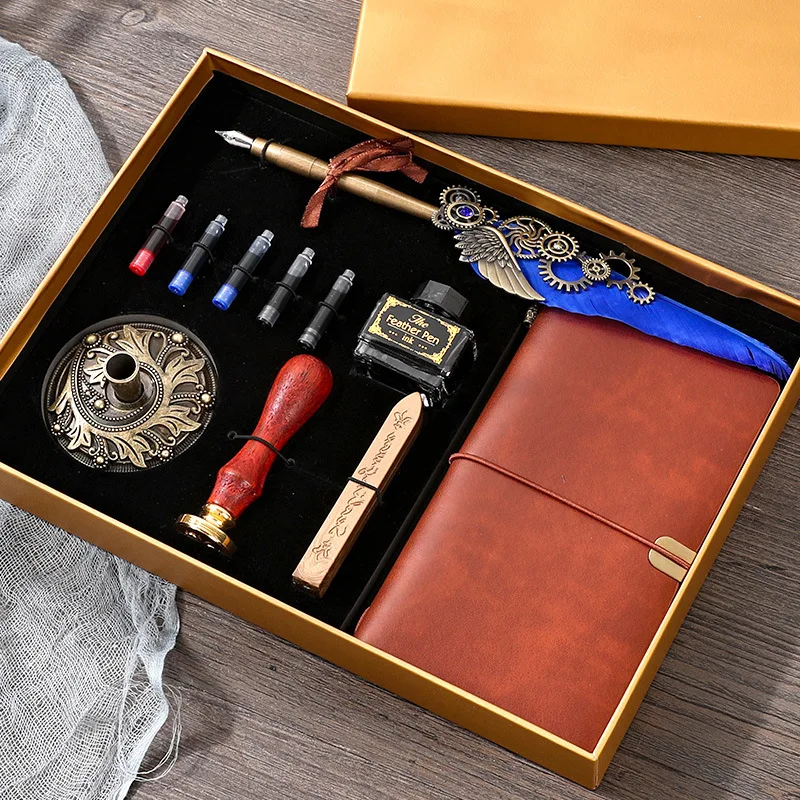 Creative Retro Feather Pen Set With Ink Bag Custom Ink Extraction Tube Pen Feather Notebook Fire Paint Seal Stationery Gifts Box