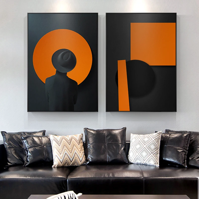 

Nordic Clip Figures Posters Modern Black Orange Painting Wall Art Prints Decoration Picture For Living BedRoom Home Decor Canvas