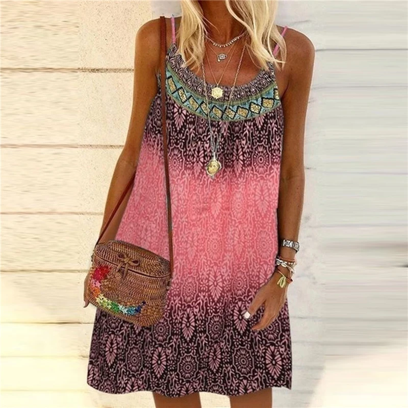 

Summer Vintage Printed Dress Sling Sleeveless Ladies Bohemian Loose Women Dress A-line Beach Casual Elegant Mini Dress