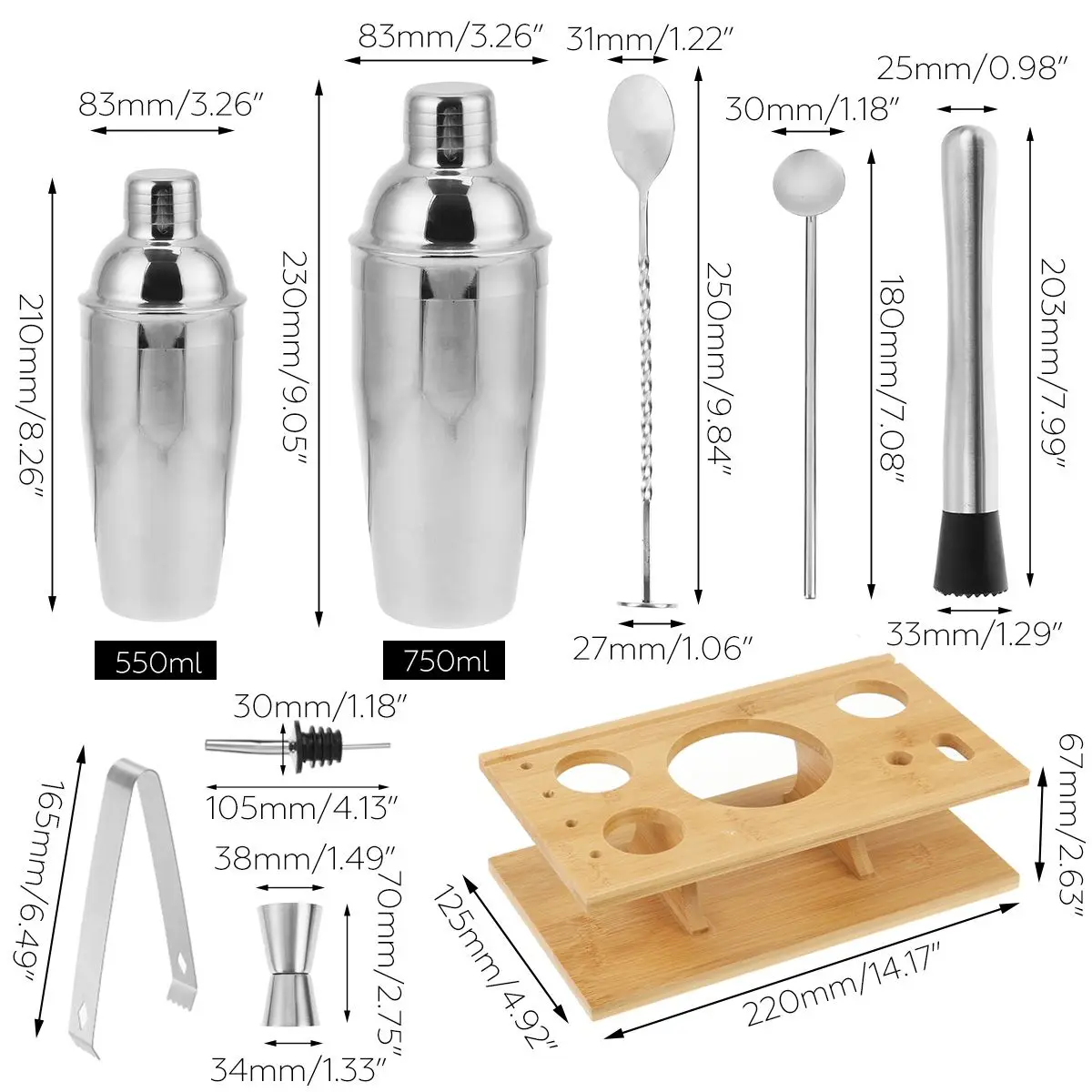 

14pcs Cocktail Shaker Mixer Drink Set 550/750ml Bartender Kit Stainless Steel Bareware Tools Set With Bamboo Wood Rack Stand