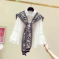 womens shirt spring new 34 flare sleeve loose white blouse zebra pattern knitted shawl female top two piece