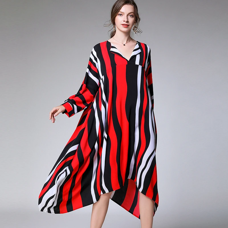 

2020 Spring fashion ladies long chiffon Dress asymmetrical stripe elegant loose beautiful beach dresses V neck longos vestidos