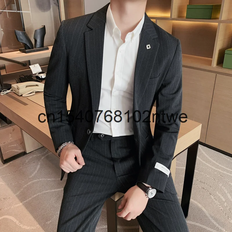 

Новый мужской костюм из двух предметов деловой костюм тонкий костюм для жениха полосатый костюм