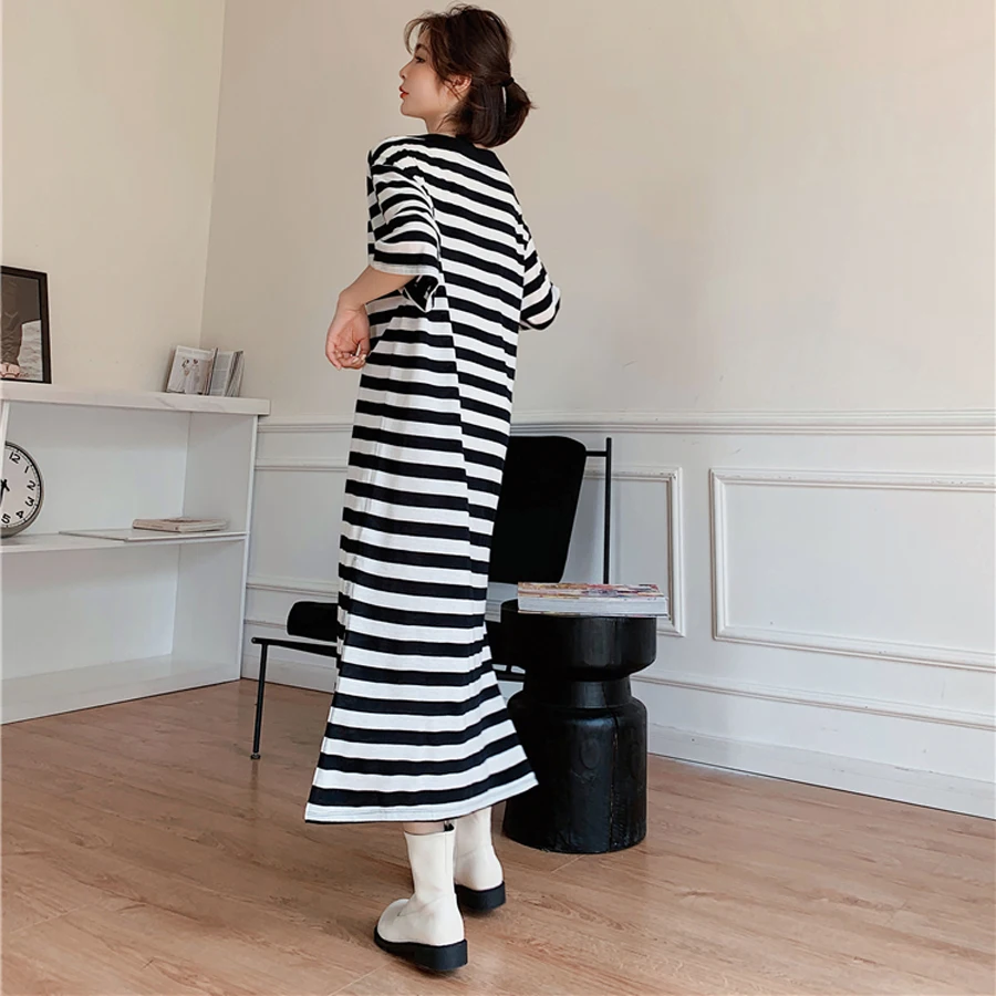 

NYFS Summer Dress 2021 Korean New Cotton Short Sleeve Woman Dress Vestidos Robe Elbise Loose Cartoon Stripe Long Dress