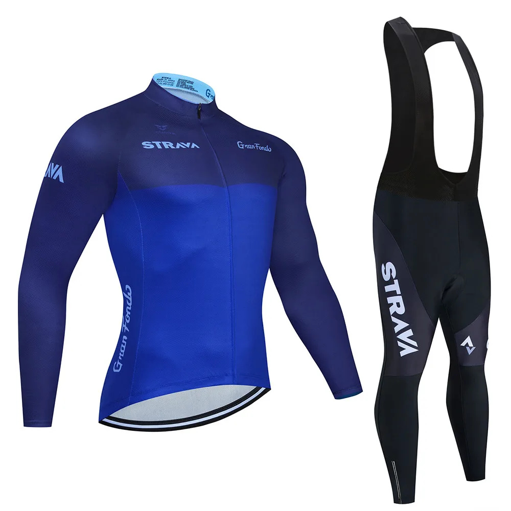 

STRAVA blue Team Long Sleeve Cycling Jersey Set Bib Pants Ropa Ciclismo Bicycle Clothing MTB Bike Jersey Uniform Men Clothes