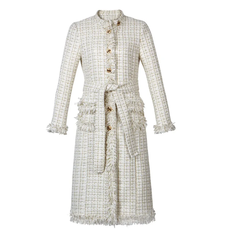 

Womens Sashes Tassel Tweed Woolen Coat Pockets Plaid Spliced Long Skirt Turn-Down Collar Single Breasted Prairie Chic Trench