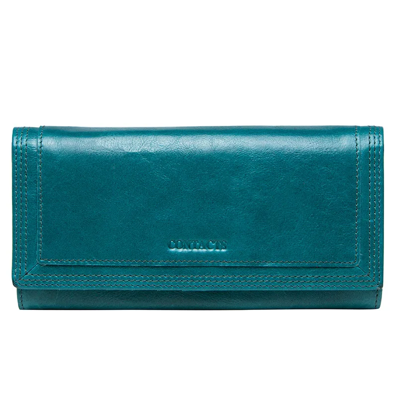 Contact's Fashion Women Wallets With Card Holder Genuine Leather Long Clutch Brand Design Female Coin Purses Cell Phone Pocket - Цвет: Peacork Blue