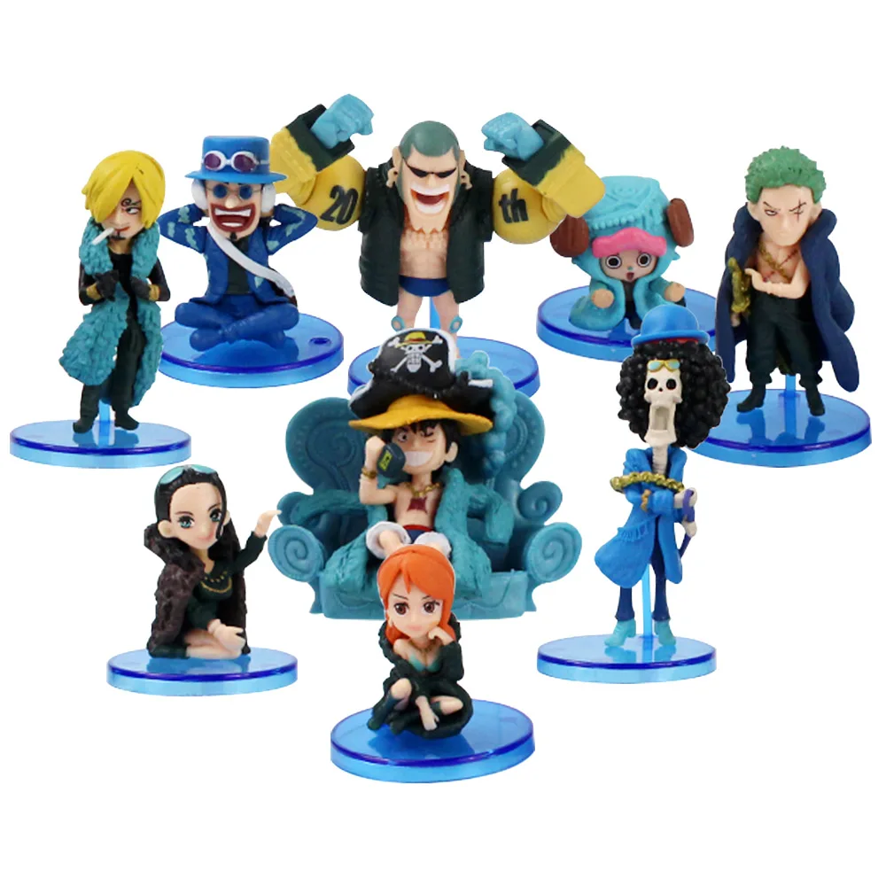 

Anime Mini Figure Nami Luffy Sanji Zoro Usopp Nico Franky Brook 20th Anniversary Blue Clothes Model Toy