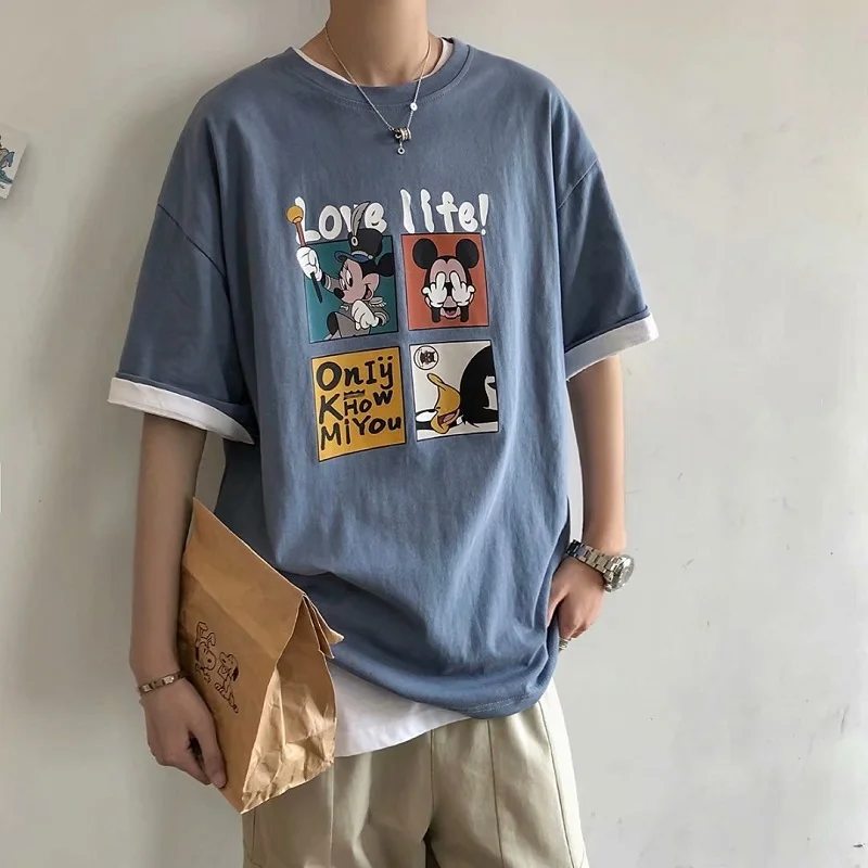Disney Men T-shirt Summer Fashion Cartoon Mickey Anime Printed Short Sleeve Casual All Match Middle Top External Wear | Мужская одежда