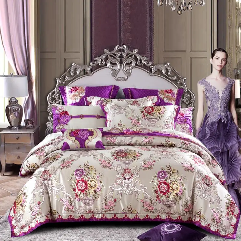 

Silver Golden color King Queen Size Bed set Satin Jacquard Cotton Luxury Royal Bedding Set Bed Sheet set Duvet cover Bedlinens