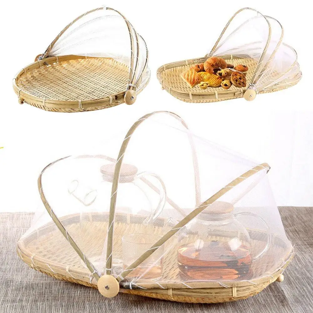 

Bamboo Tent Basket Hand Woven Tray Anti Bug Food Fruit Container Net Mesh Cover