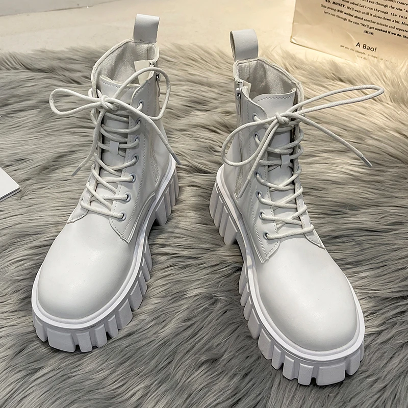 

Women White Leather Ankle Boots 2021 Autumn Winter Black Platform Gothic Shoes Women Short Punk Motorcycle Combat Boots