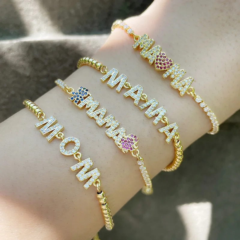 

Shcool Mom Mama Pendant Bracelet Inlaid CZ White Zircon Adjustable Chains Bracelets For Women Mother's Day Jewelry Gifts