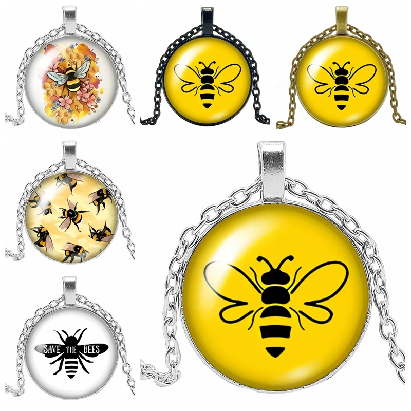 

2020 New Best Selling Cartoon Anime Cute Bee Pattern Series Glass Convex Round Pendant Necklace Fashion Jewelry Gift