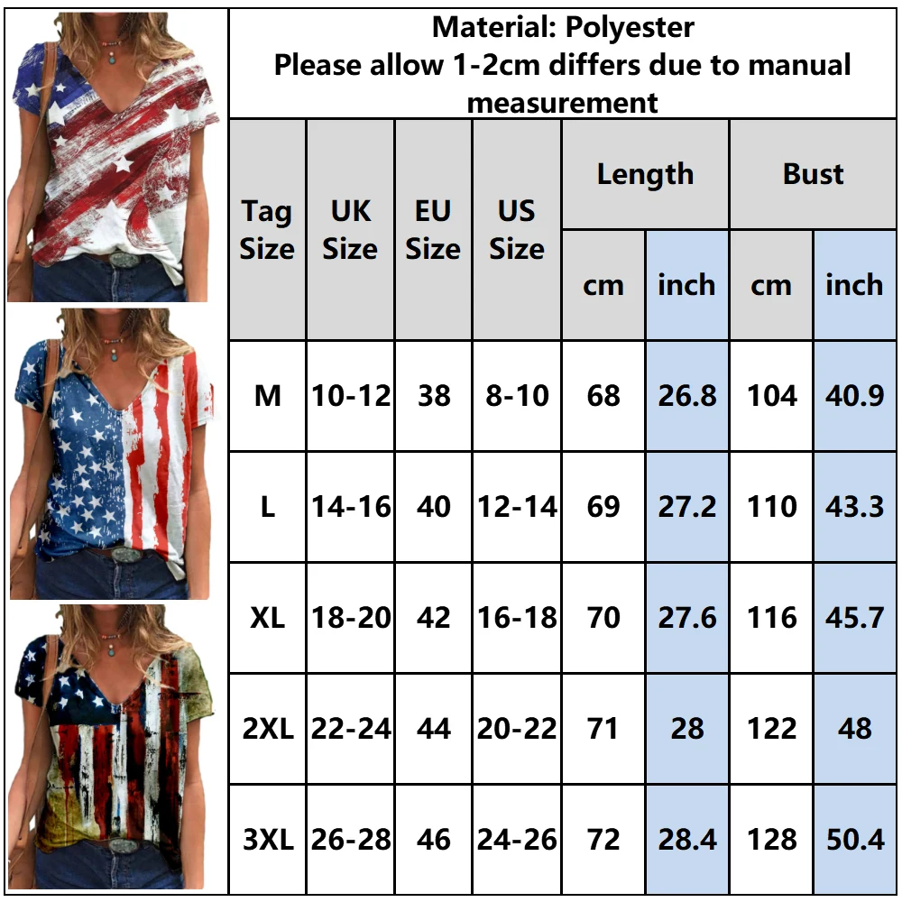 

4th July Womens American Flag Print Tee Tops Summer Hot Fashion V-neck Short Sleeved T-shirt Loose Breathable All-match Tees D30