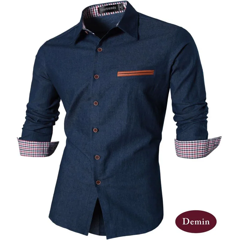 Sportrendy Vogue Men's Shirt Dress Casual Long Sleeve Slim Fit Fashion Shiny Stylish Denim Shirts JZS001 Navy