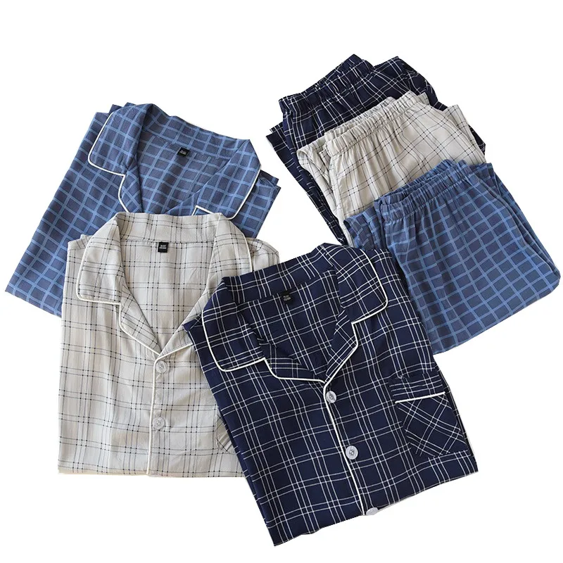 

FAKUNTN Plaid Pajamas Men's Full-Sleeve Simple Style Top+Pants Spring Summer Rayon Cotton Soft Thin Cardigan Homeware Casual
