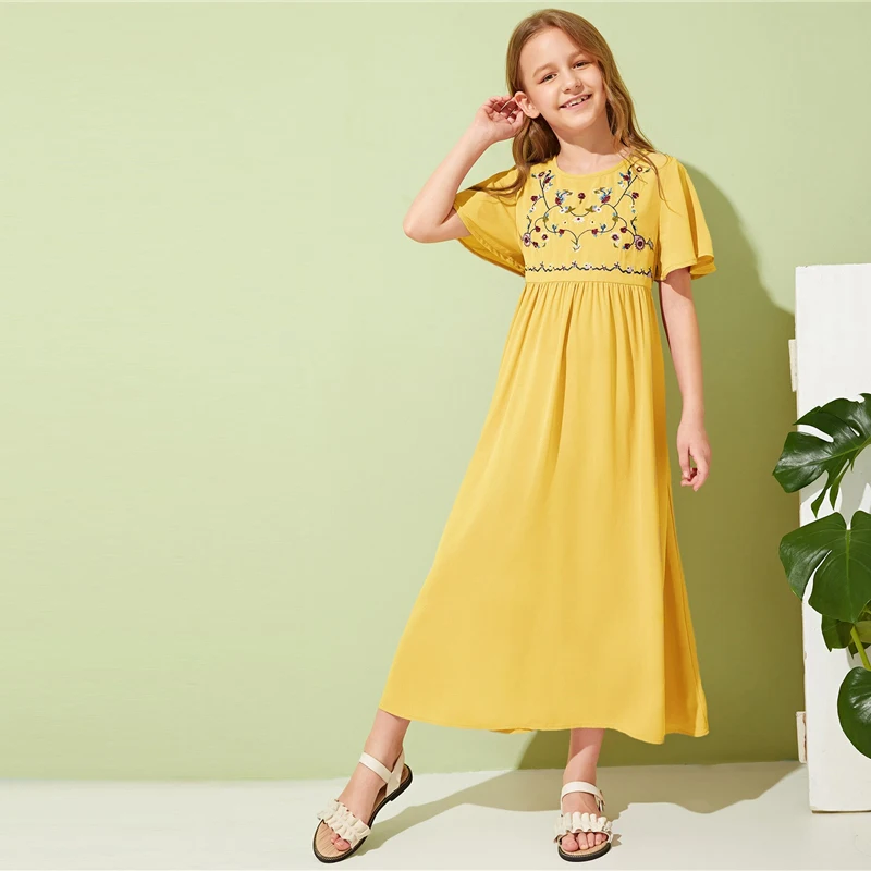 SHEIN/Детское платье для отдыха для девочек с вышивкой спереди и пуговицами; коллекция года; летние длинные платья трапециевидной формы с рукавом-бабочкой в стиле бохо для детей