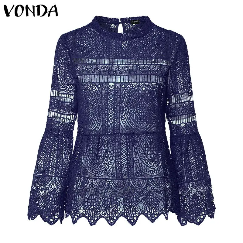 VONDA, женская сексуальная блуза с полым верхом,, повседневная, с длинным рукавом, с неровным подолом, для вечеринки, Blusas, пляжные топы, женская рубашка размера плюс, одежда - Цвет: Тёмно-синий