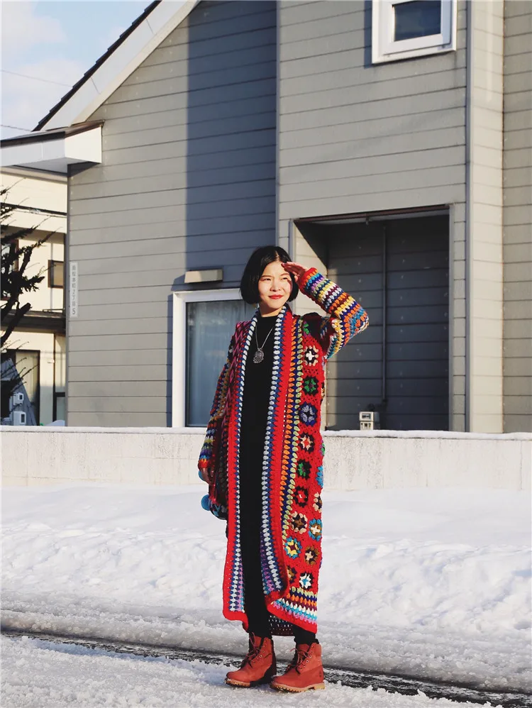 Весна, Пальто Harajuku, свитера, шерсть, Цветочный кардиган, свитер, куртка, богемный Национальный стиль, женские длинные свитера