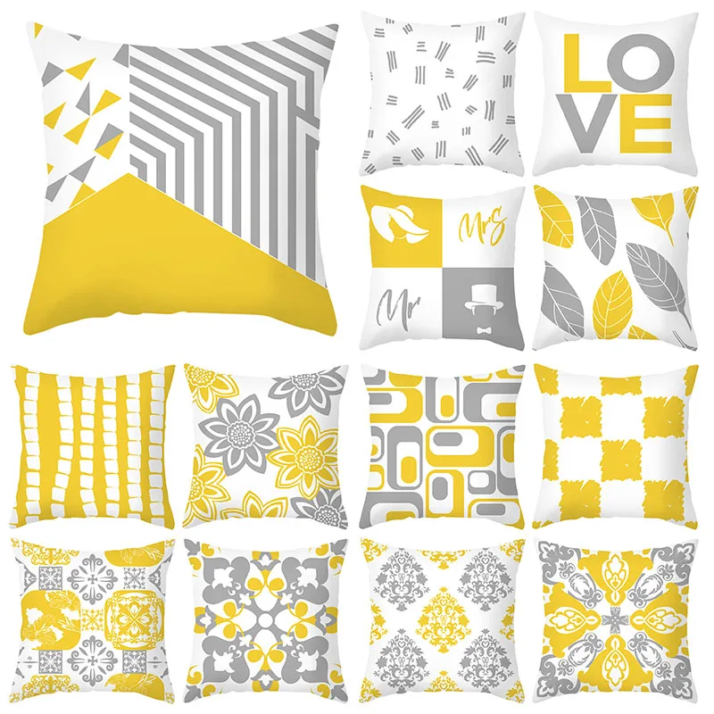 

Yellow Grey Striped Pillowcase Geometric Print Polyester Cushion Cover 45X45 Letters Pattern Decorative Polyester Sofa Cushions