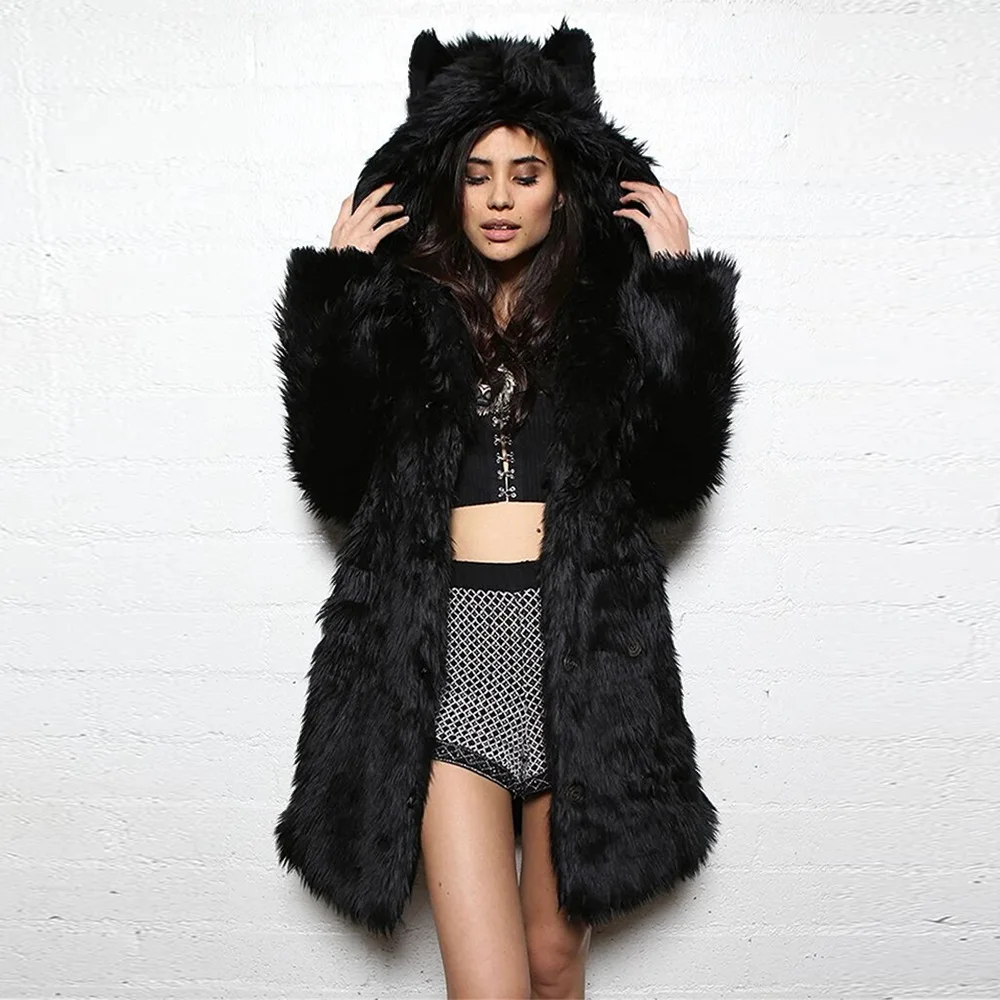 

Winter Women Coats Imitation Fur Cute Hat Warm Short New Female Long Sleeves Lapel Overcoat Leopard Fashio