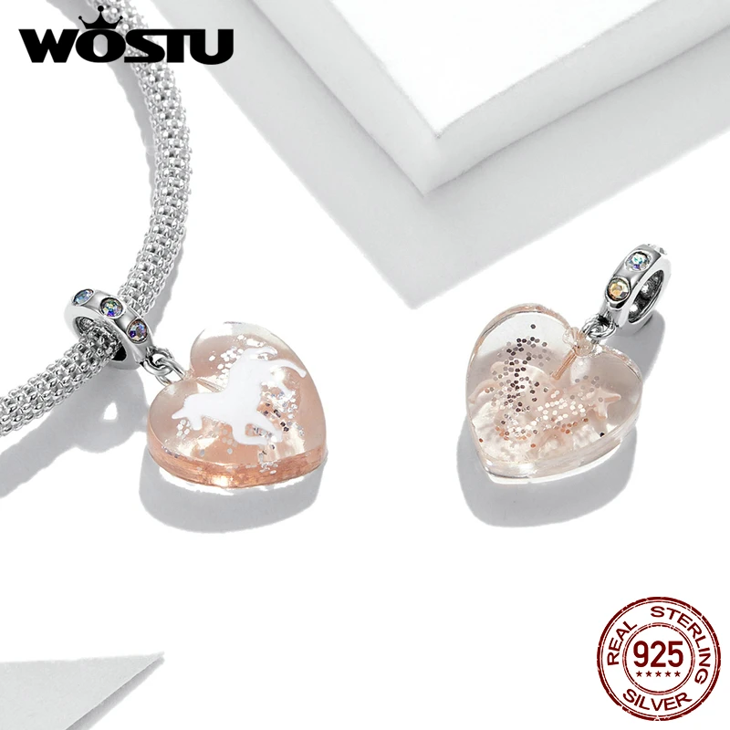 

WOSTU подвеска в форме сердца из стерлингового серебра 925 пробы с милым пони, кулон из бисера, подходит для оригинального браслета, сделай сам, ...