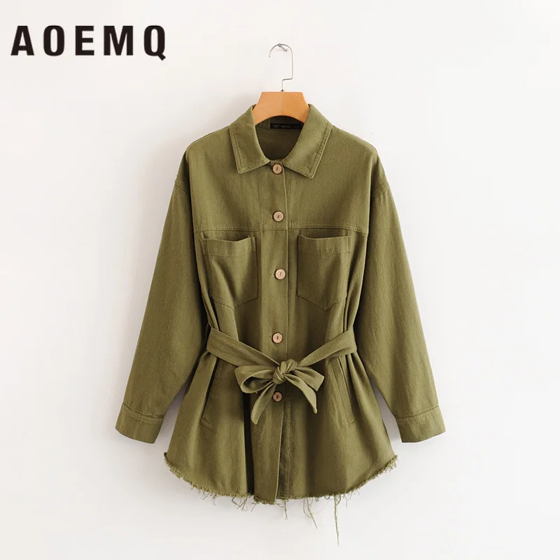 AOEMQ/куртки из полиэстера темно-зеленый/розовый цвет осенняя куртка на шнуровке с