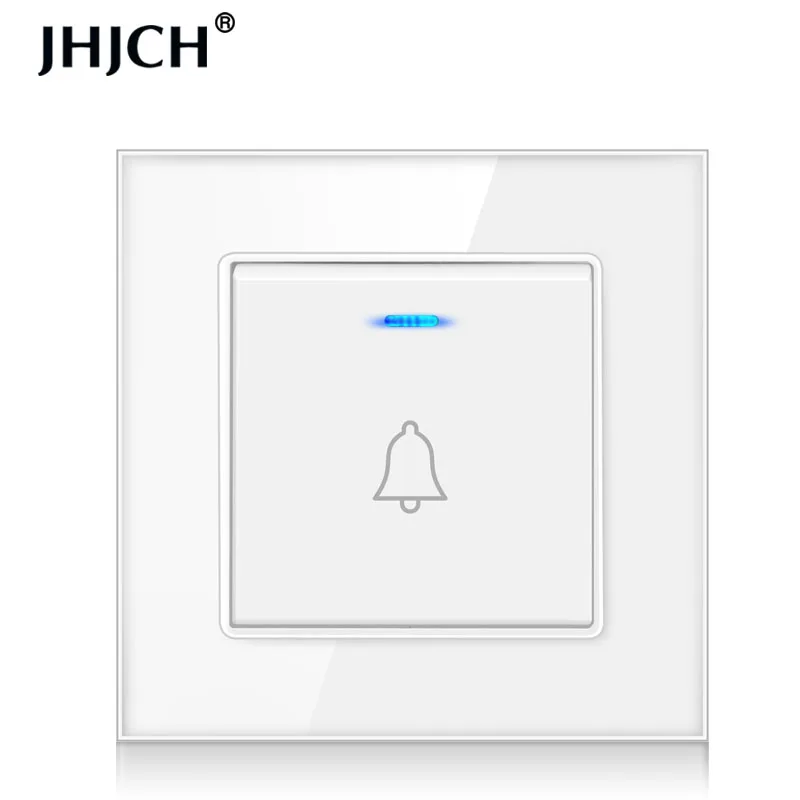 Type 86 embedded 110V/220V wired hotel doorbell, home doorbell switch wall button with LED indicator tempered crystal glass pane