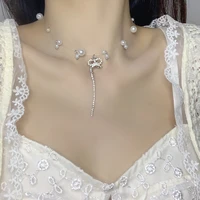 2021 new imitation pearl clavicle chain collares crystal bowknot tassel chain pendant necklaces for women girl jewelry accessory