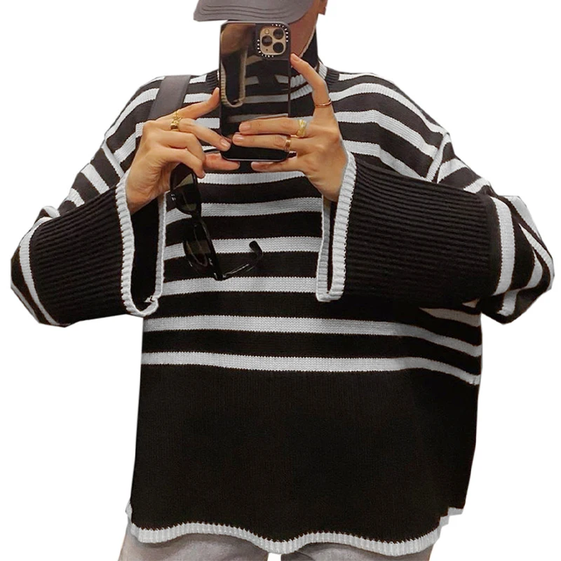 Женский трикотажный свитер в полоску повседневный Свободный пуловер с высоким