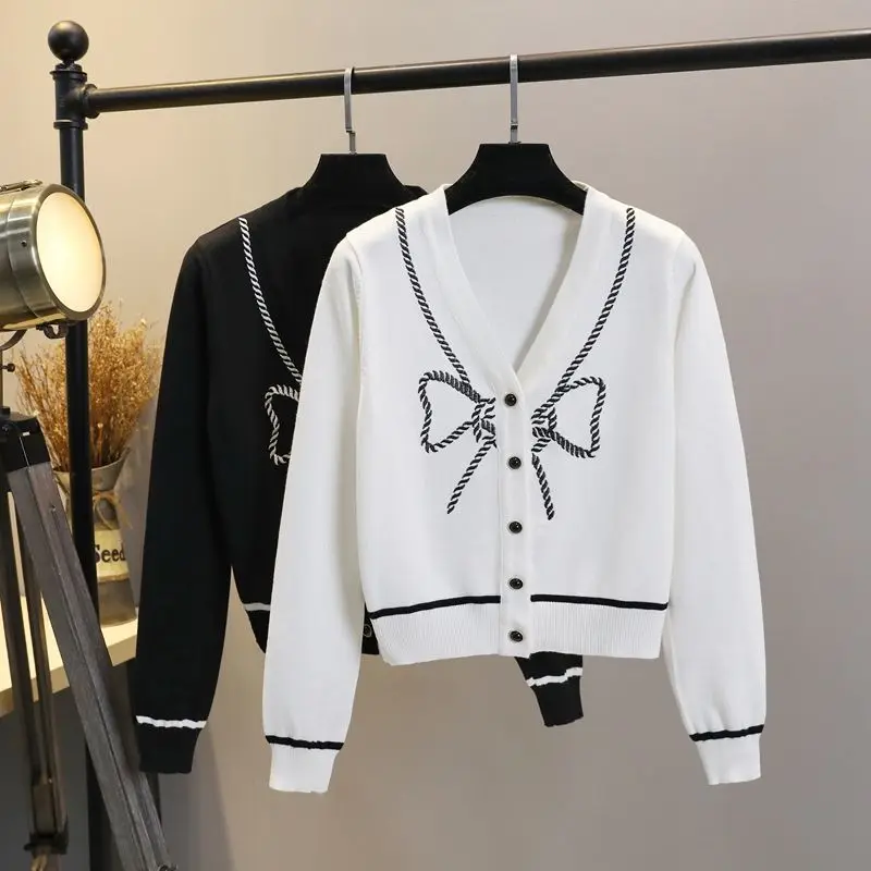 

Rope bow knitted cardigan spring and Autumn New Women's fashion slim V-Neck long sleeve jacket
