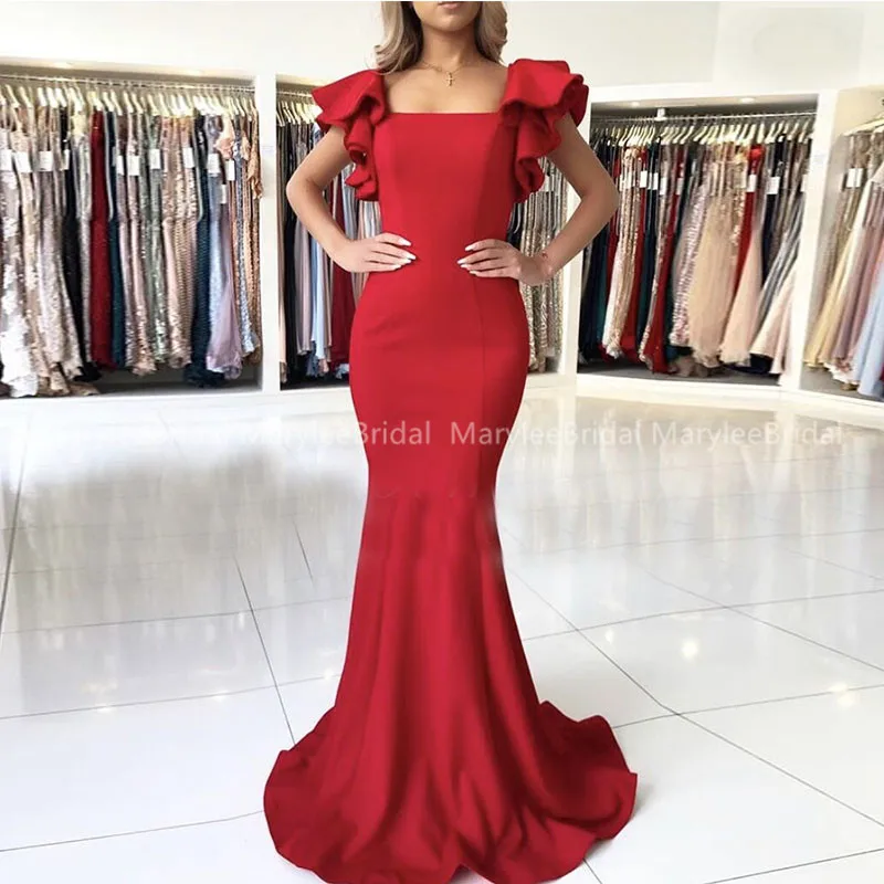 Вечерние платья с открытой спиной Красное Атласное Платье-Русалка оборками на